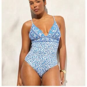 J Crew Ruched Plunge One Piece Swim Suit 8 NWT  Blue Banana Paisley CJ849 J.Crew